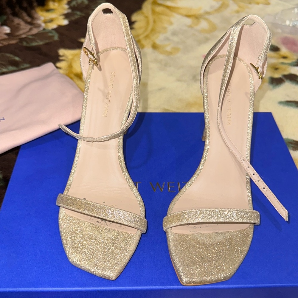 Stuart Weitzman Amelina 95, Gold, size 6 ankle strap sandal